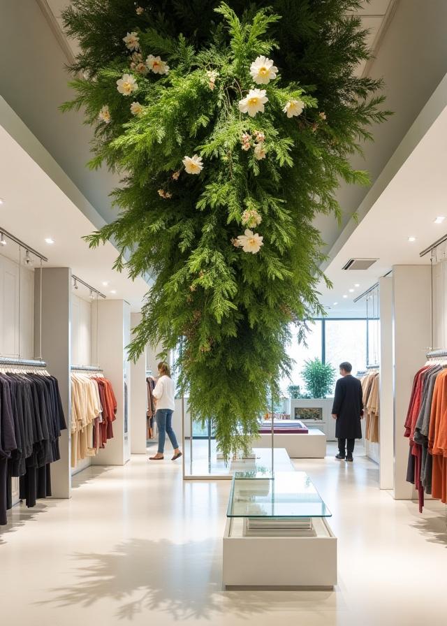 Installazione floreale sospesa all'interno di un negozio di lusso, moderna e impattante.